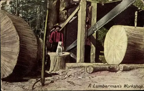 Ak British Columbia, Die Werkstatt eines Holzfällers