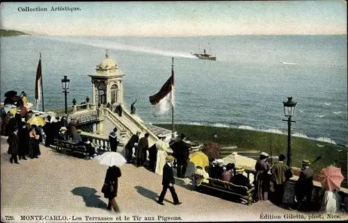 Ak Monte Carlo Monaco, Les Terrasses et le Tir aux Pigeons, Dampfer