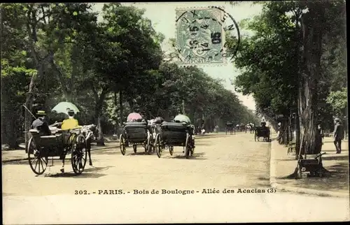 Ak Paris XVI, Bois de Boulogne, Allee des Acacias, Kutschen