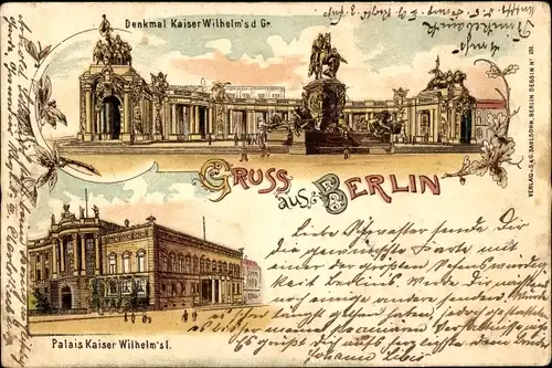 Litho Berlin Mitte, Palais Kaiser Wilhelm, Denkmal Kaiser Wilhelm