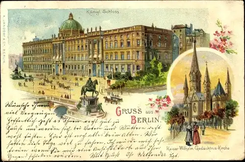 Litho Berlin Mitte, Königliches Schloss, Kaiser Wilhelm Gedächtnis Kirche