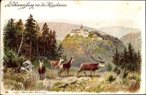 Litho Schwarzburg Thüringer Wald, Blick von der Hirschwiese, Hirsche