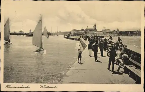 Ak Ostseebad Warnemünde, Westmole, Segelboote