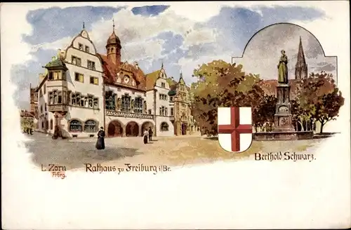 Litho Freiburg im Breisgau Baden Württemberg, Rathaus, Wappen, Denkmal Berthold Schwarz
