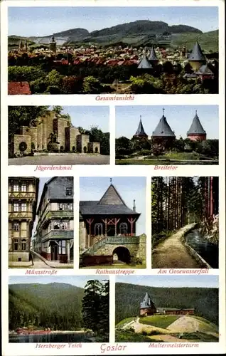 Ak Goslar am Harz, Gesamtansicht, Jägerdenkmal, Breitetor, Münzstraße, Rathaustreppe, Wasserfall