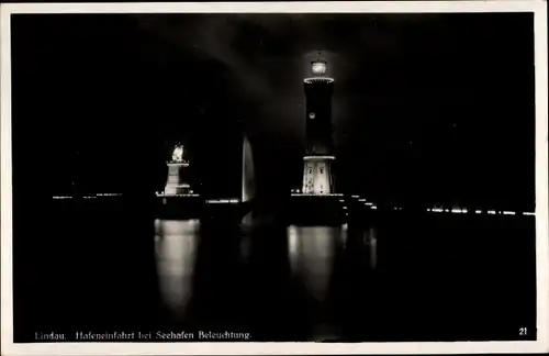 Ak Lindau am Bodensee Schwaben, Hafeneinfahrt, Seehafen-Beleuchtung, Leuchtturm