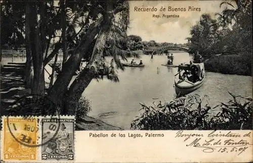 Ak Palermo Buenos Aires Argentinien, Pabellon de los Lagos, Bootpartie, Brücke