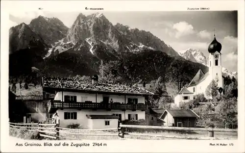 Ak Grainau in Oberbayern, Blick auf die Zugspitze, Kirche