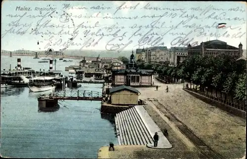 Ak Mainz, Rheinuferpartie mit Dampfer und Brücke