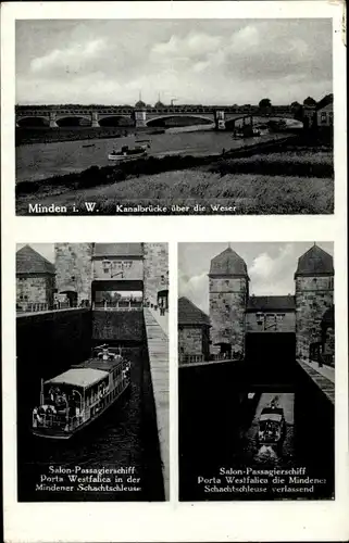 Ak Minden in Westfalen, Kanalbrücke, Salon Passagierschiff Porta Westfalica, Schachtschleuse