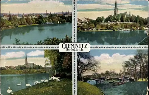 Ak Chemnitz in Sachsen, Schlossteich, Teilansicht, Brücke, Schwäne