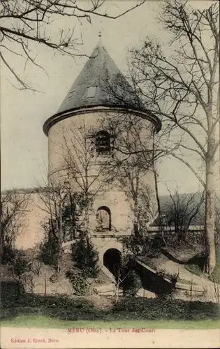 Ak Méru Oise, vue générale de la Tour des Conti, Pont