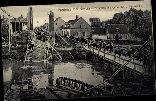 Ak Pontoise lès Noyon Oise, zerstörte Hängebrücke, Notbrücke, Reiter