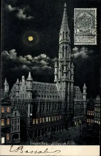 Ak Bruxelles Brüssel, Rathaus im Mondschein, Nacht