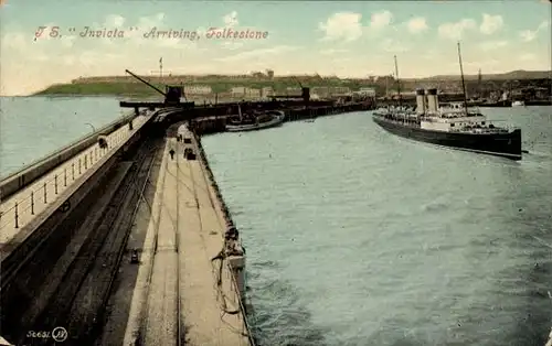 Ak Folkestone Kent England, Dampfer TS Invicta kommt an, Southern Railway