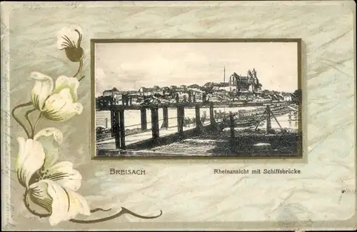 Präge Passepartout Ak Breisach am Oberrhein, Rheinansicht mit Schiffsbrücke