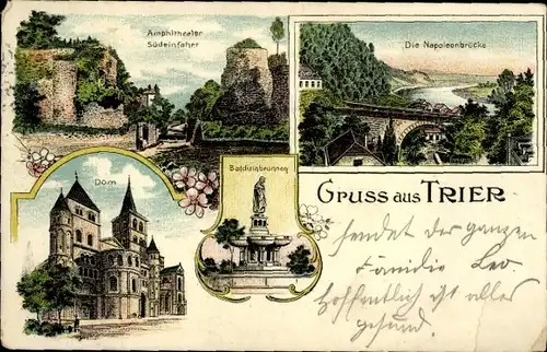 Litho Trier an der Mosel, Amphitheater, Napoleonbrücke, Balduinbrunnen, Dom