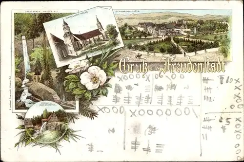 Litho Freudenstadt im Schwarzwald, Schwarzwaldhotel, Kirche, Wasserfall