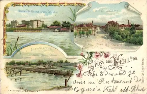 Passepartout Litho Kehl am Rhein, Großherzog Friedrich Kaserne, Rheinbad, Brücke, Stadt