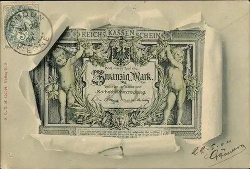 Passepartout Ak Reichskassenschein, Zwanzig Mark, Geldschein