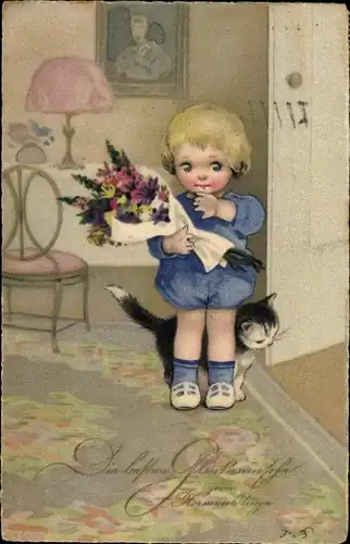 Künstler Ak Baumgarten, Fritz, Glückwunsch Namenstag, Mädchen mit Blumen und Katze
