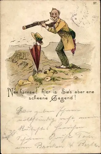 Litho Nee härnse, hier ist Sie's aber ene scheene Gegend, Wanderer, Fernohr