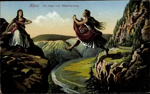 Ak Mägdesprung Harzgerode im Harz, Sage vom Mägdesprung, Felsen, Riesenjungfrau