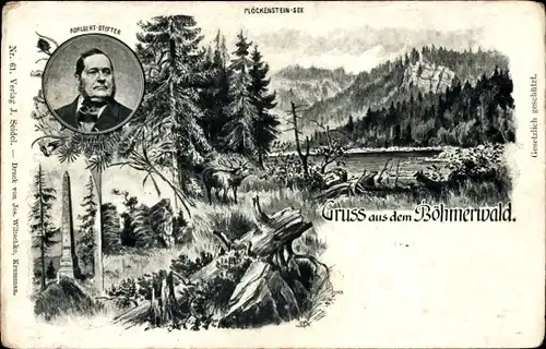 Litho Böhmerwald Südböhmen, Adalbert Stifter, Plöckensteinsee