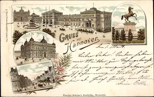 Litho Hannover in Niedersachsen, Bahnhof Front, Post, Königsstraße, Denkmal