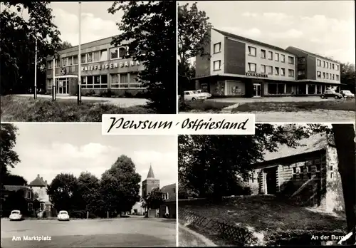 Ak Pewsum Krummhörn Ostfriesland, Marktplatz, an der Burg, Volksbank, Raiffeisenbank