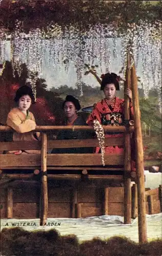 Ak Japan, A Wisteria Garden, Japanerinnen in Kimonos