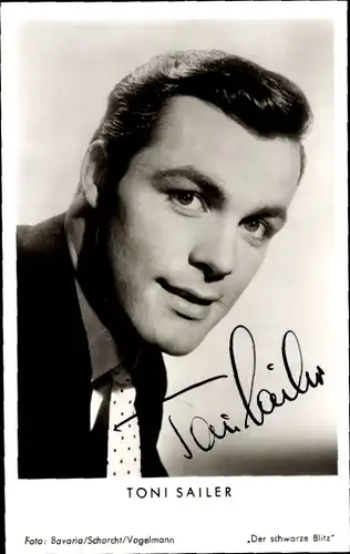 Ak Schauspieler und Skirennfahrer Toni Sailer, Portrait, Der schwarze Blitz, Autogramm