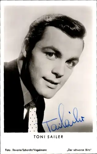 Ak Schauspieler und Skirennfahrer Toni Sailer, Portrait, Der schwarze Blitz, Autogramm