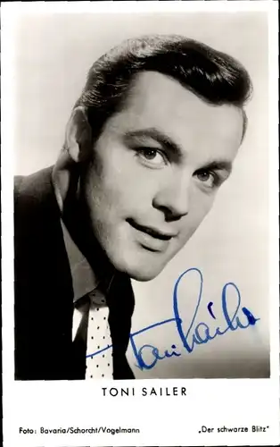 Ak Schauspieler und Skirennfahrer Toni Sailer, Portrait, Der schwarze Blitz, Autogramm
