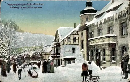 Ak Szklarska Poręba Schreiberhau Riesengebirge Schlesien, Wilhelmstraße, Schlitten, Postamt