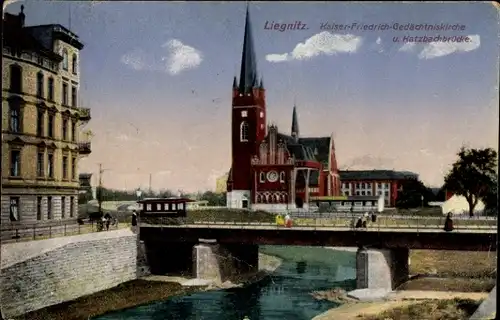 Ak Legnica Liegnitz Schlesien, Kaiser-Friedrich-Gedächtniskirche, Katzbachbrücke