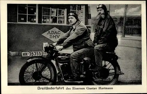 Ak Dreiländerfahrt des Eisernen Gustav Hartmann, Motorrad, Kennzeichen HH 35355, ADAC