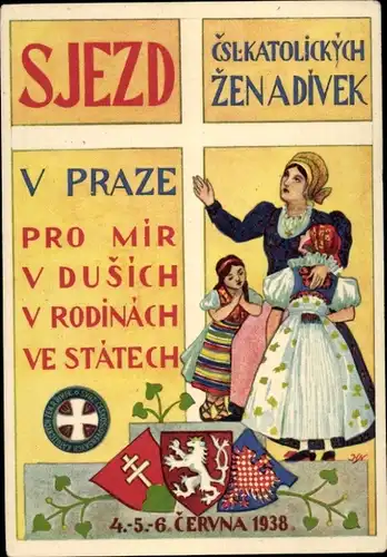 Künstler Ak Praha Prag, Katholische Konvention für Frieden 1938, Frau und Mädchen in Tracht, Wappen