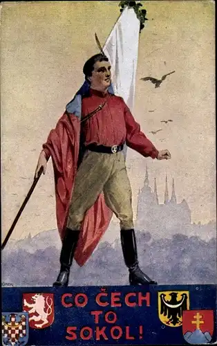 Künstler Ak Simunek, K., Sokol-Bewegung, Turner mit Flagge, Tracht, Wappen
