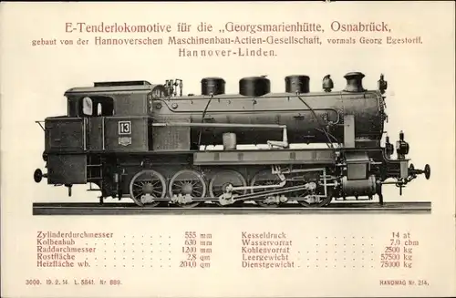 Ak Tenderlokomotive für die Georgsmarienhütte, Osnabrück, Hanomag