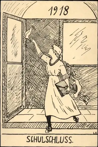 Künstler Ak Schulschluss, Mädchen mit Schultasche, Jahr 1918