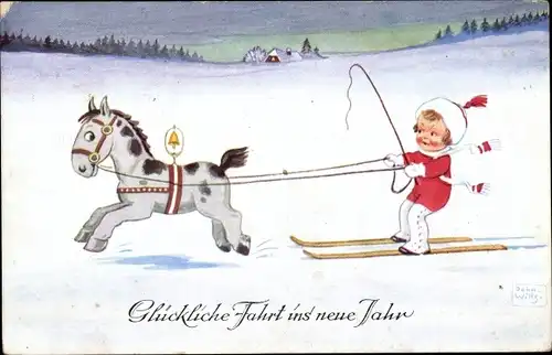 Künstler Ak Wills, John, Fröhliches Neujahr, Mädchen, Ski, Pferd