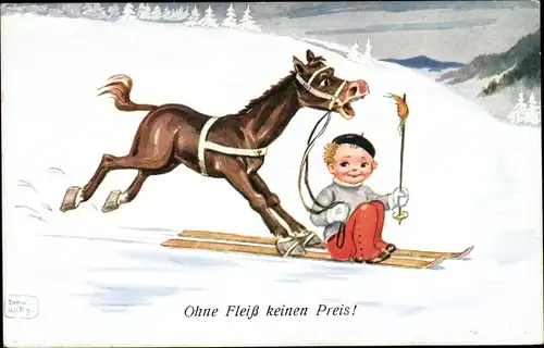 Künstler Ak Wills, John, Fröhliches Neujahr, Junge, Ski, Pferd, Ohne Fleiß keinen Preis