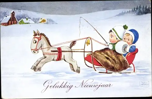 Künstler Ak Wills, John, Neujahr, Kinder in einem Pferdeschlitten
