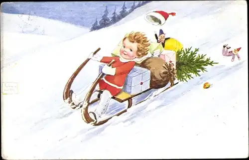 Künstler Ak Wills, John, Junge, Schlitten, Tannenbaum, Geschenke