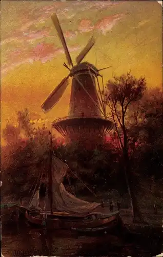 Künstler Ak Gerstenhauer, Windmühle, Segelboot, Dämmerung