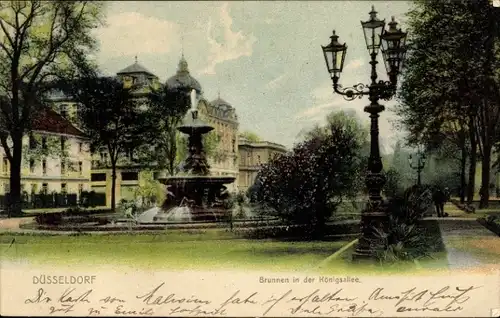 Ak Düsseldorf am Rhein, Blick auf den Brunnen in der Königsallee, Laterne