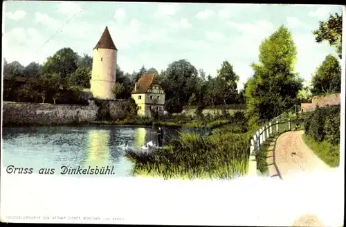 Ak Dinkelsbühl in Mittelfranken, Wasserpartie, Weg, Turm