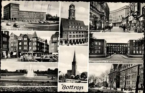 Ak Bottrop im Ruhrgebiet, Stadtgarten, Gymnasium, Hansastraße, Rathaus, Altmarkt, Herz Jesu Kirche