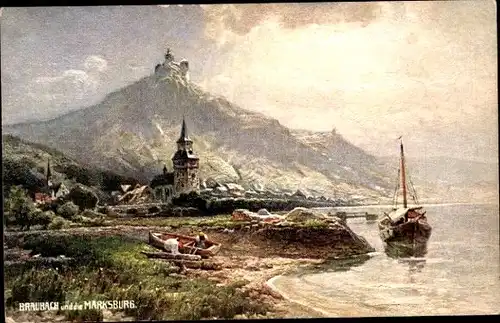 Künstler Ak Braubach im Rhein Lahn Kreis, Blick auf die Marksburg, Berg